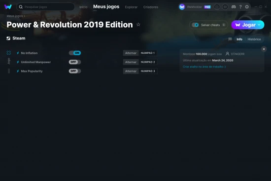 Captura de tela de cheats do Power & Revolution 2019 Edition