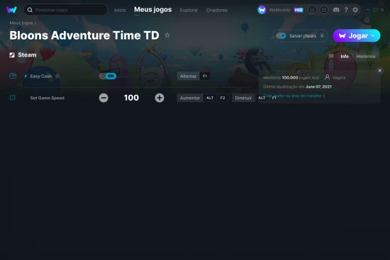 Captura de tela de cheats do Bloons Adventure Time TD