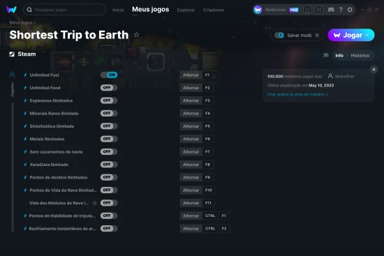 Captura de tela de cheats do Shortest Trip to Earth