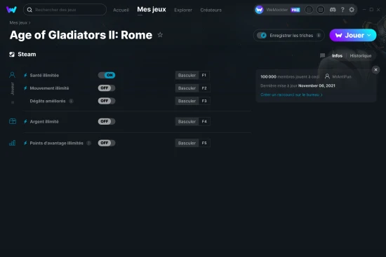 Capture d'écran de triches de Age of Gladiators II: Rome