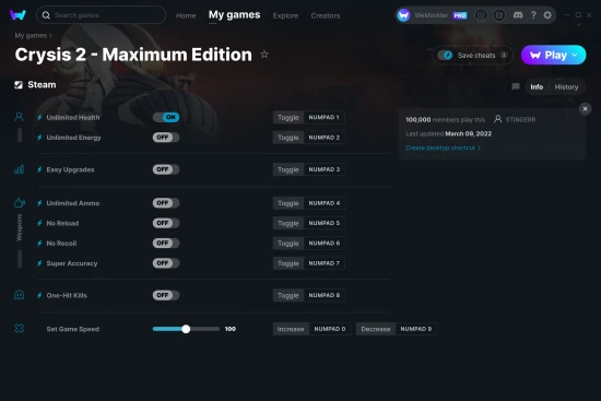 Crysis 2 - Maximum Edition cheats screenshot