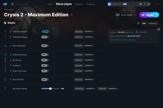 Captura de tela de cheats do Crysis 2 - Maximum Edition