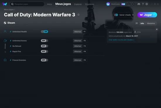 Captura de tela de cheats do Call of Duty: Modern Warfare 3