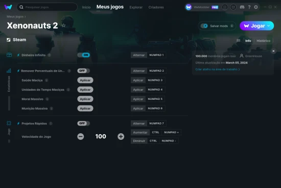 Captura de tela de cheats do Xenonauts 2