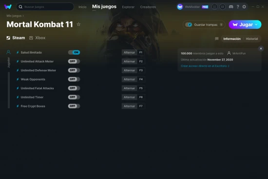 captura de pantalla de las trampas de Mortal Kombat 11