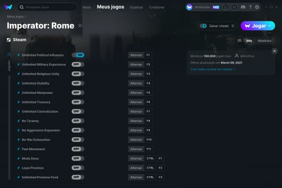 Captura de tela de cheats do Imperator: Rome
