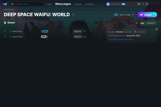 Captura de tela de cheats do DEEP SPACE WAIFU: WORLD