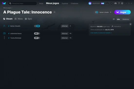 Captura de tela de cheats do A Plague Tale: Innocence