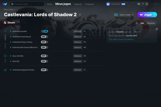Captura de tela de cheats do Castlevania: Lords of Shadow 2