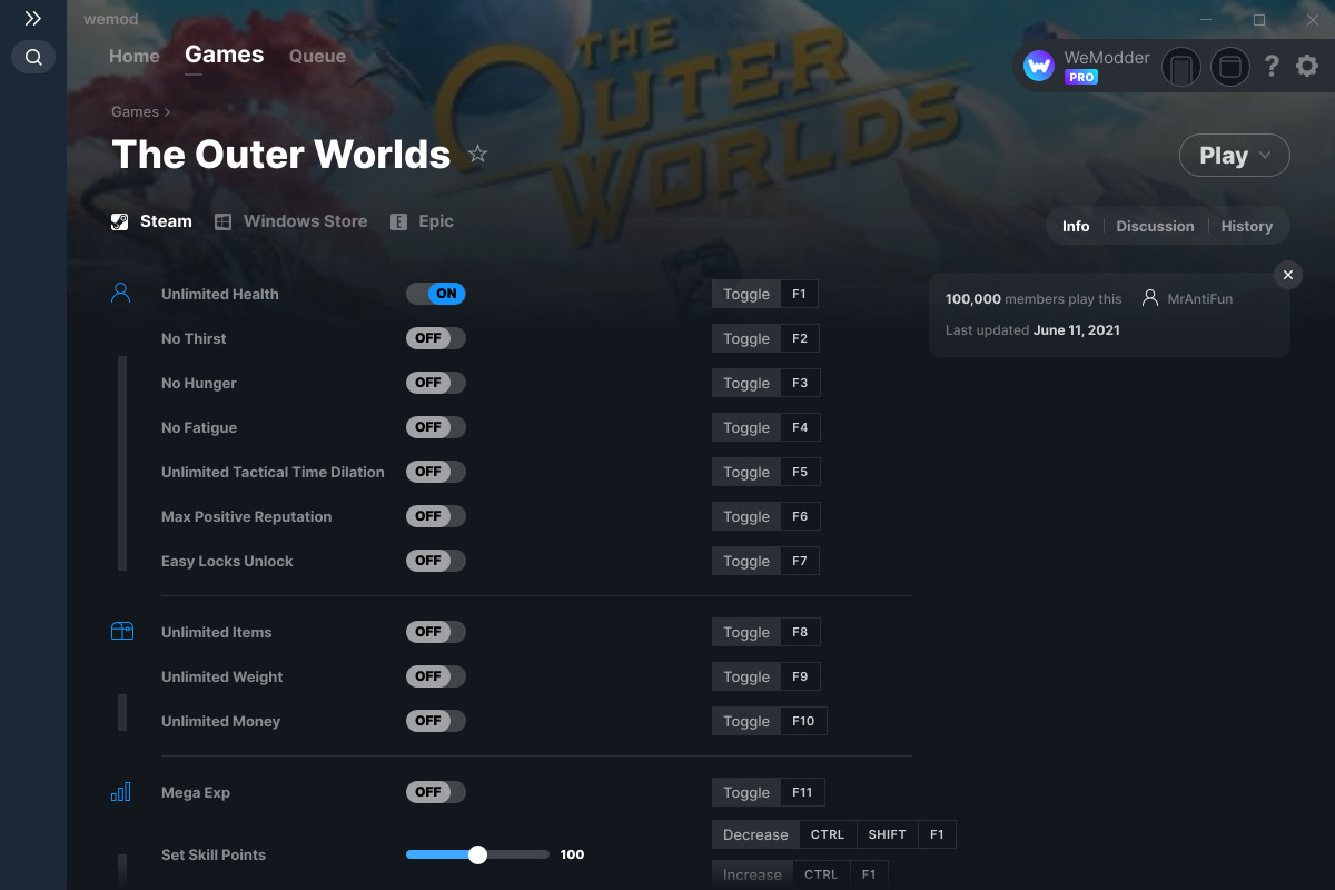 the outer worlds trainer