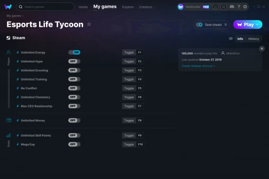 Esports Life Tycoon cheats screenshot