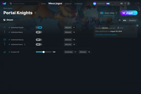 Captura de tela de cheats do Portal Knights