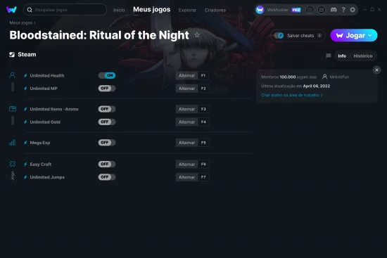 Captura de tela de cheats do Bloodstained: Ritual of the Night