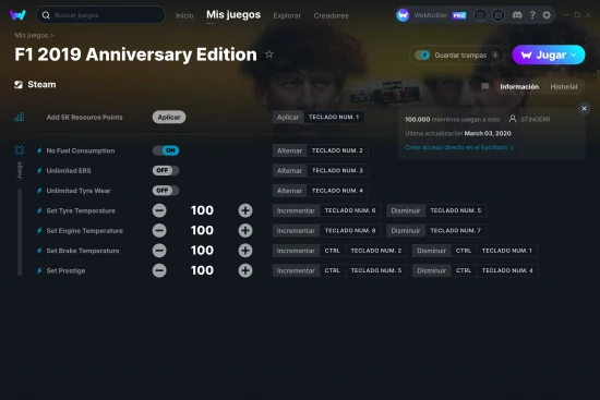 captura de pantalla de las trampas de F1 2019 Anniversary Edition