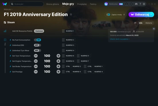 cheaty F1 2019 Anniversary Edition zrzut ekranu