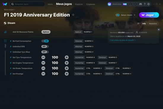 Captura de tela de cheats do F1 2019 Anniversary Edition