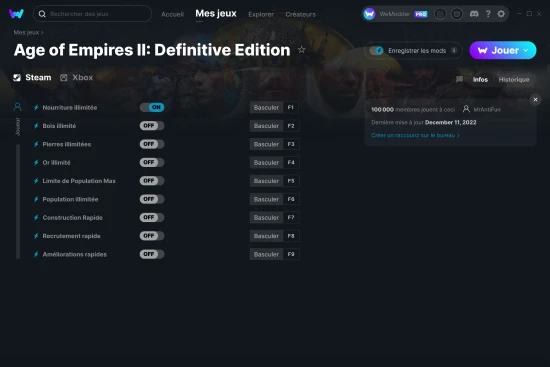 Capture d'écran de triches de Age of Empires II: Definitive Edition