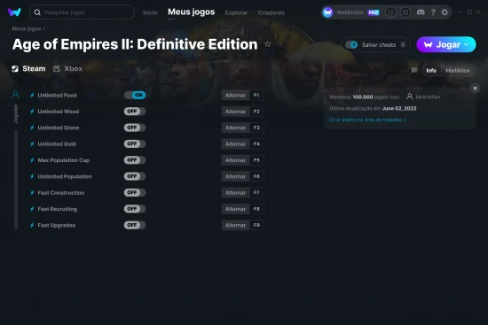 Captura de tela de cheats do Age of Empires II: Definitive Edition
