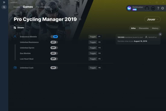 Capture d'écran de triches de Pro Cycling Manager 2019