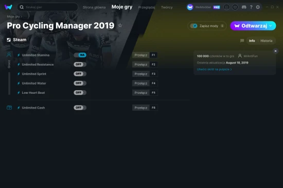 cheaty Pro Cycling Manager 2019 zrzut ekranu