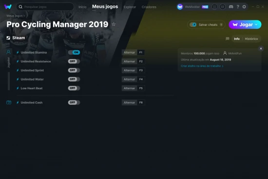 Captura de tela de cheats do Pro Cycling Manager 2019