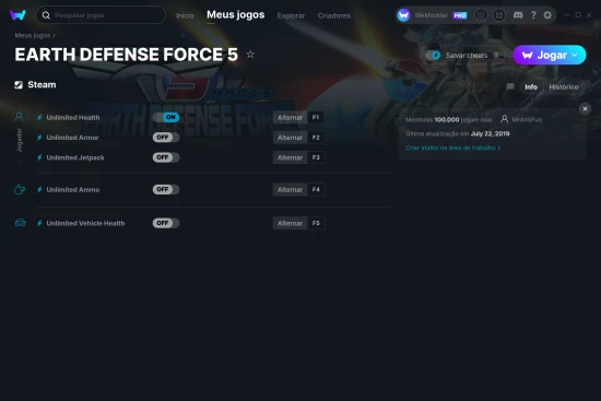 Captura de tela de cheats do EARTH DEFENSE FORCE 5