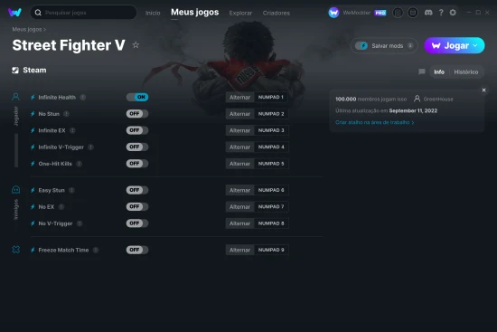 Captura de tela de cheats do Street Fighter V