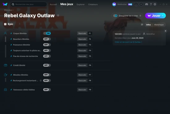 Capture d'écran de triches de Rebel Galaxy Outlaw