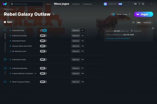 Captura de tela de cheats do Rebel Galaxy Outlaw