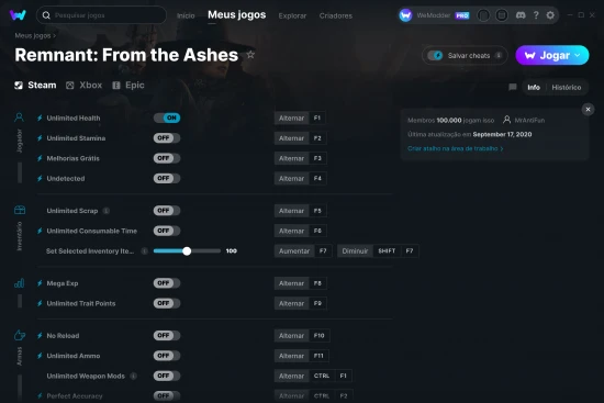 Captura de tela de cheats do Remnant: From the Ashes