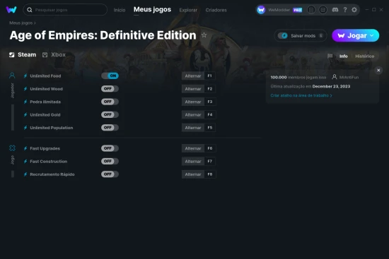 Captura de tela de cheats do Age of Empires: Definitive Edition