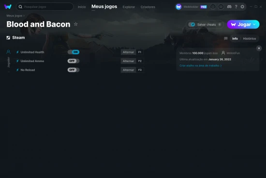 Captura de tela de cheats do Blood and Bacon