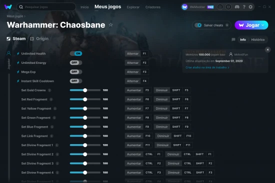 Captura de tela de cheats do Warhammer: Chaosbane