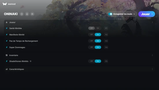 Capture d’écran des cheats pour ONINAKI