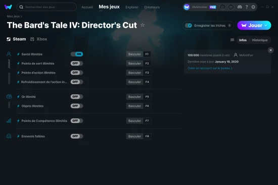 Capture d'écran de triches de The Bard's Tale IV: Director's Cut
