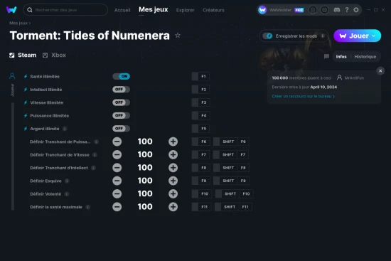 Capture d'écran de triches de Torment: Tides of Numenera