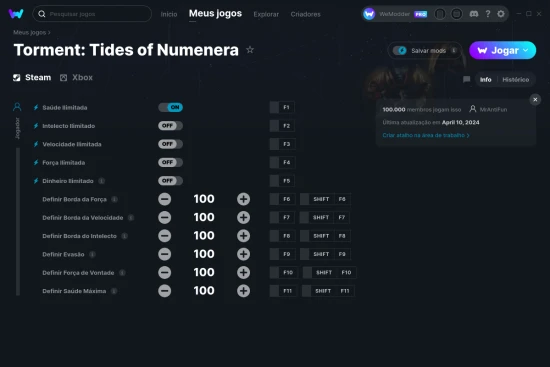 Captura de tela de cheats do Torment: Tides of Numenera