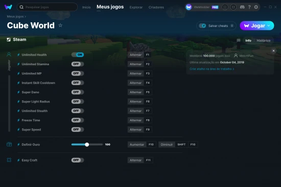 Captura de tela de cheats do Cube World