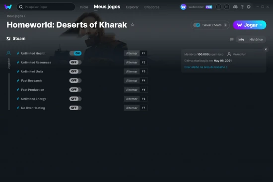 Captura de tela de cheats do Homeworld: Deserts of Kharak