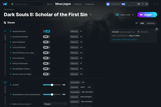 Captura de tela de cheats do Dark Souls II: Scholar of the First Sin