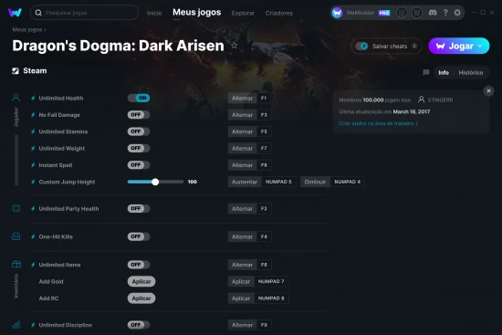 Captura de tela de cheats do Dragon's Dogma: Dark Arisen