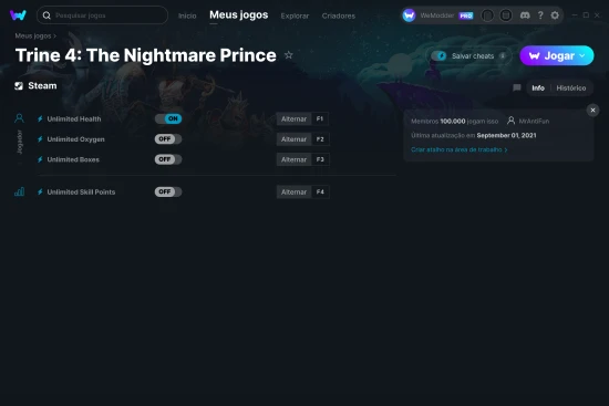 Captura de tela de cheats do Trine 4: The Nightmare Prince