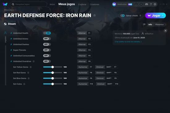 Captura de tela de cheats do EARTH DEFENSE FORCE: IRON RAIN