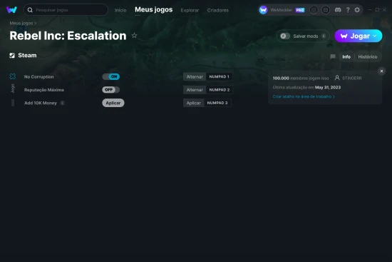 Captura de tela de cheats do Rebel Inc: Escalation
