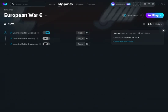 European War 6 cheats screenshot