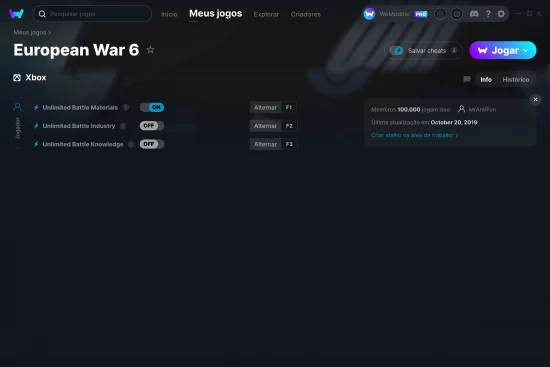 Captura de tela de cheats do European War 6