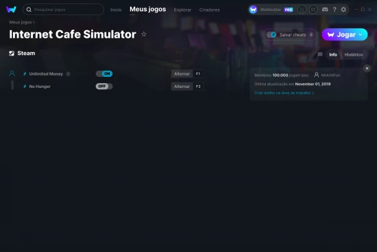 Captura de tela de cheats do Internet Cafe Simulator