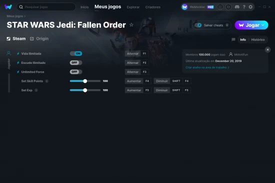 Captura de tela de cheats do STAR WARS Jedi: Fallen Order