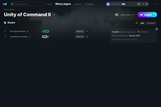 Captura de tela de cheats do Unity of Command II