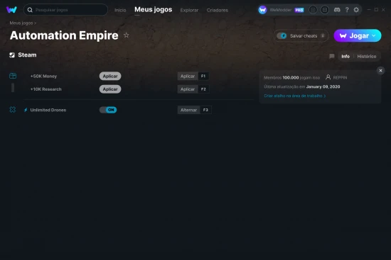 Captura de tela de cheats do Automation Empire
